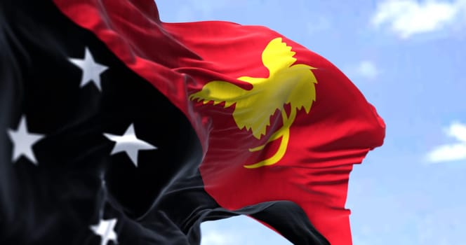 Detail of the national flag of Papua New Guinea waving in the wind on a clear day. Papua New Guinea is the world's third largest island country. Selective focus.