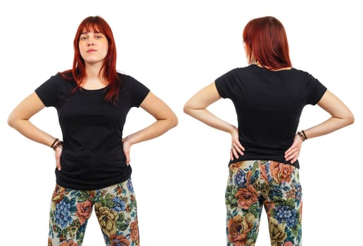 Photo of a young beautiful redhead woman with blank black shirt, front and back. Ready for your design or artwork.