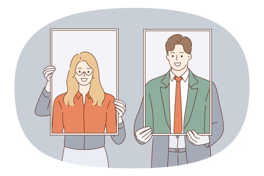 Business team and success concept. Business people woman and man partners standing together and holding smiling portraits over faces vector illustration