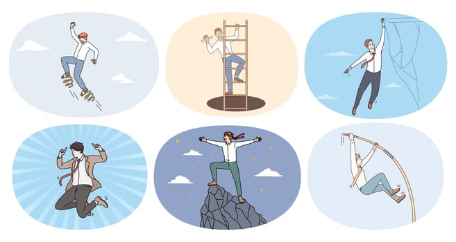 Set of motivated man employee or worker strive for career success reach top. Collection of confident businessman goal or aim achievement or accomplishment. Vector illustration.