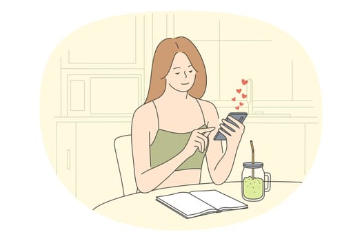 Online dating and romance concept. Young positive woman sitting at table holding smartphone in hands chatting and dating online vector illustration