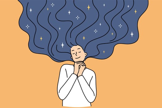 Happy young woman dream or imagine future. Calm smiling girl feel dreamy and pensive make plans or daydream. Visualization and imagination. Flat vector illustration.