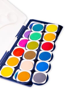 New Paintbox with set of watercolors isolated over white background.