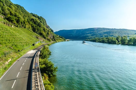Idyllic area on the Moselle River with country road and vineyard