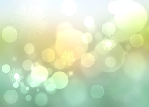 Hello spring background. Abstract delicate bright spring or summer landscape texture with natural green yellow white bokeh lights and sunshine. Beautiful backdrop with space.