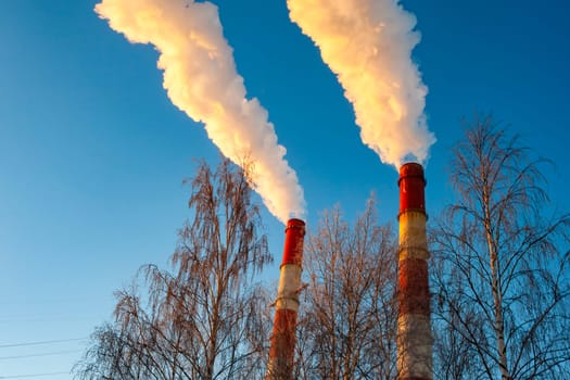 white smoke is coming out of the pipes in the blue sky. High quality photo