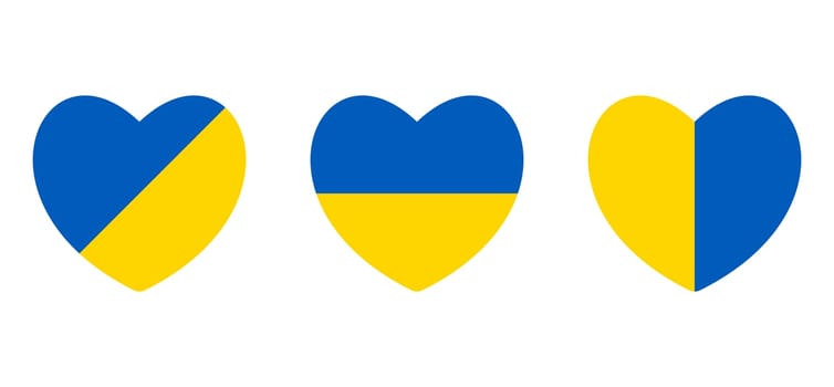 Ukraine flag in shape of heart isolated on white. Save Ukraine concept. Vector Ukrainian symbol, icon, button. Three hearts in different coloring variations in colors of the national Ukrainian flag