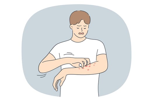 Unhappy young man itch arm skin have red pimples on body need medicine. Guy suffer from allergy or psoriasis feel itchy. Skincare, medicine and healthcare. Flat vector illustration.