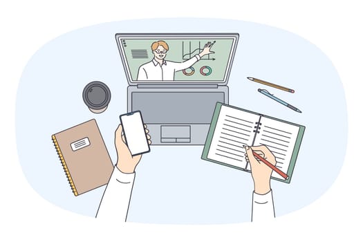 Top view closeup of student sit at desk have online lesson on computer make notes. Teenager use gadgets study on internet watch lecture or webinar on laptop. Remote education. Vector illustration.