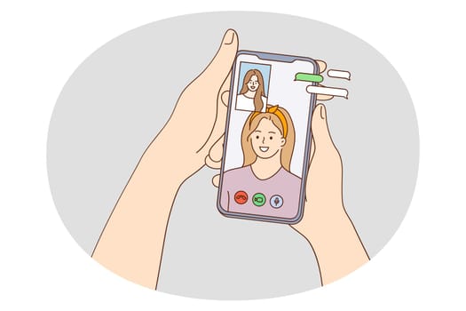 Girl hold smartphone in hands talk on video call with friend on gadget. Smiling woman have webcam virtual event or conference on cellphone. Technology, communication. Vector illustration.
