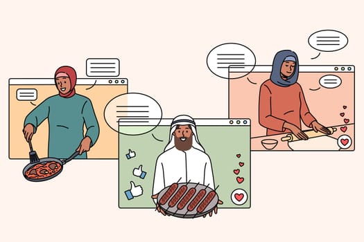 Set of diverse Arabic food bloggers on screen cooking tasty dishes on internet. Collection of arab influencers prepare traditional national meal, have class on web. Flat vector illustration.