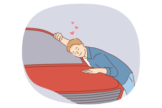 Happy young man hug car feel attached to vehicle. Smiling male client or customer fall in love with automobile buy transportation for retail service. Flat vector illustration.