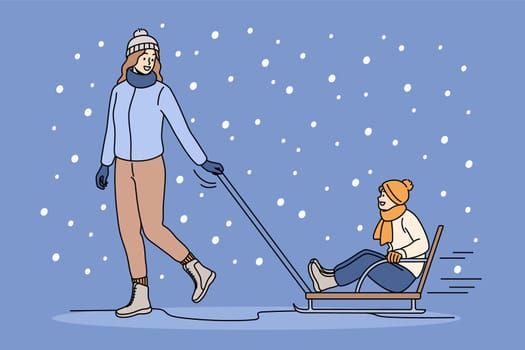 Happy mother in winterwear ride small son on sled outdoors. Smiling young mom in outerwear relax play with boy child on winter weekend. Family relaxation concept. Vector illustration.