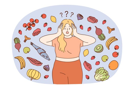 Fat woman feel confused with healthy products choice follow diet losing weight. Overweight girl stressed frustrated with vegetable organic food and meal. Weightloss. Vector illustration.