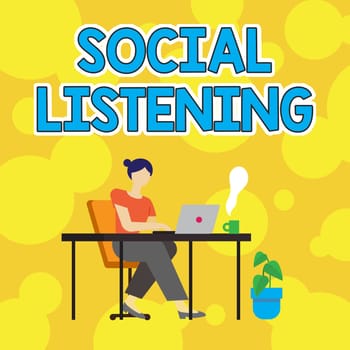 Inspiration showing sign Social Listening. Business idea analyzing the conversations and trends of your product Woman Sitting With Laptop Back View Actively Accomplishing Work From Home