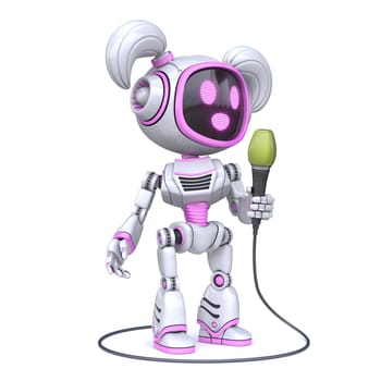Cute pink girl robot hold microphone 3D rendering illustration isolated on white background