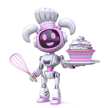 Cute pink girl robot cook cupcake 3D rendering illustration isolated on white background