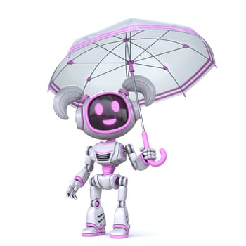 Cute pink girl robot hold umbrella 3D rendering illustration isolated on white background