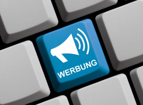 Blue computer keyboard with megaphone showing advertisement in german language 3D illustration