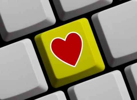 Red heart on yellow computer keyboard 3D illustration