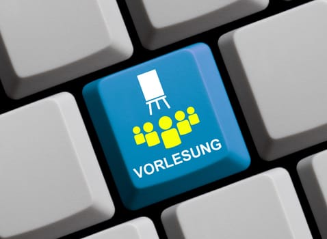 Lecture in german language on blue computer keyboard with students 3D illustration