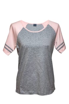 Shirt isolated. Close-up of gray pink female nightwear summer top or shirt on mannequin isolated on a white background. Clipping path. Fashionable night wear or nighties.