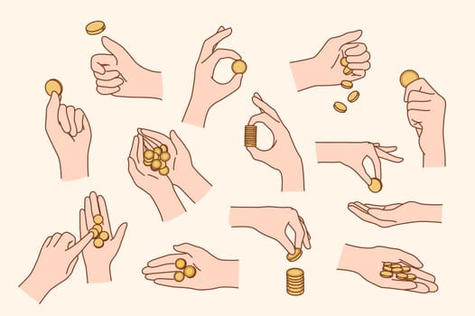 Set of person hand with golden coins counting and playing with. Collection of people with money in arms. Finance and banking. Saving concept. Flat vector illustration.