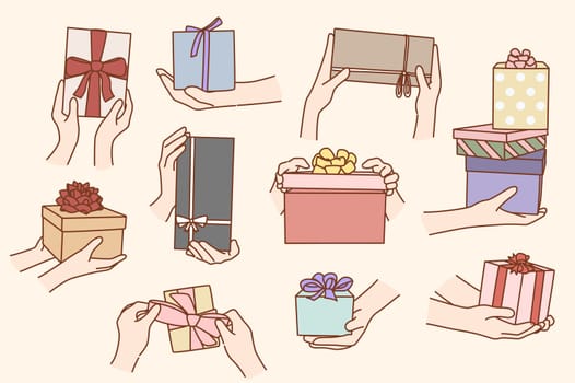 Collection of people hold boxes congratulate greet with birthday or special occasion. Set of person make surprise with gifts or presents. Congratulation concept. Flat vector illustration.