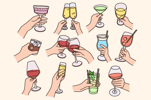 Set of people with clink glasses drink cocktails celebrate party together. Collection of persons enjoy celebration say cheers toast at festive event. Flat vector illustration.
