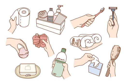 Set of person with beauty products do daily body and face routine in bath. Collection of man and woman with bathroom essentials preform morning hygiene. Flat vector illustration.