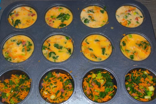 Healthy vegan oat muffins, apple and banana cakes in vintage pan Grey textile background Top view