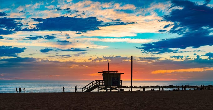 Lifeguard cabin at sunset ocean in Santa Monica, California, United States of America