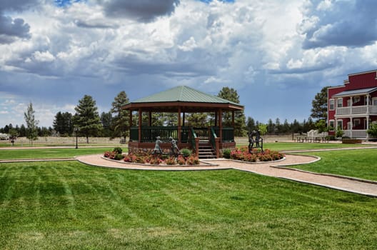 Gazebo in park with storm approaching