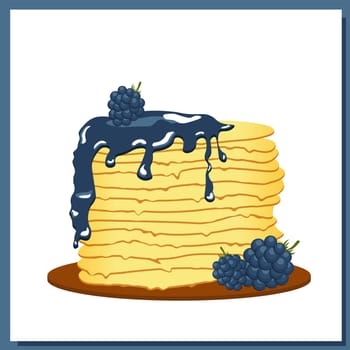 Pancakes. Blackberry jam. Maslenitsa week. Spring festival meeting. Pancakes glazed on white plate. Vector illustration.