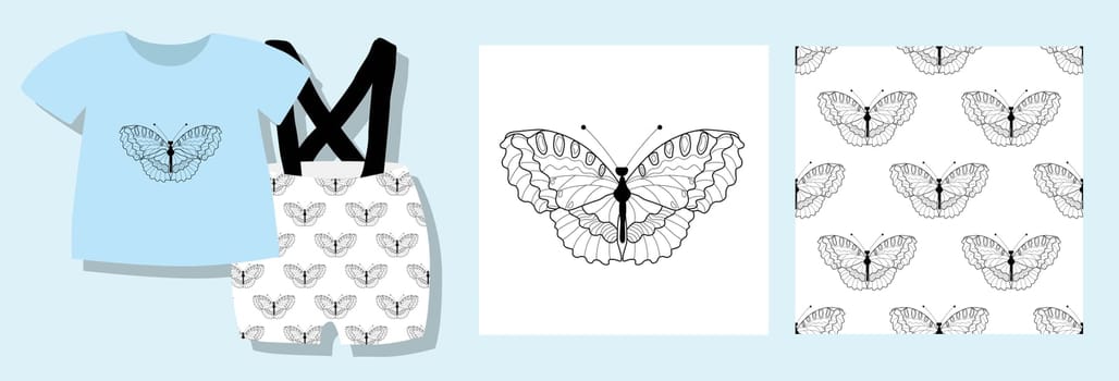 A funny print for baby clothes. Cute pattern with butterflies. T-shirt design. Vector illustration. Ready-made textile design kit. Seamless patterns. Butterfly character. Printed pajamas. insects.
