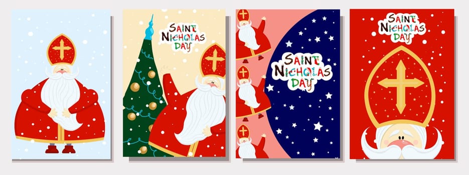 A set of postcards for the day of saint nicholas. Sinterklaas eve. Vector illustration. Priest in a red miter. Children's winter religious holiday. Christianity.