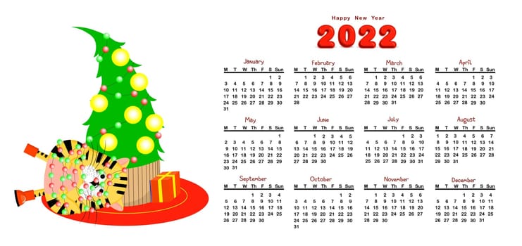 Funny kids calendar for 2022. Year of the tiger symbol 2022.Vector illustration. Schedule, weekly.