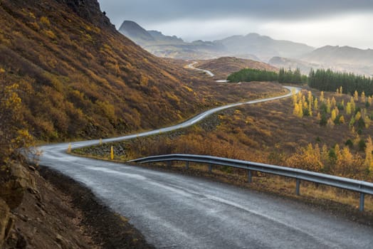 The road line perspevtive direct in to mountain in Autumn season