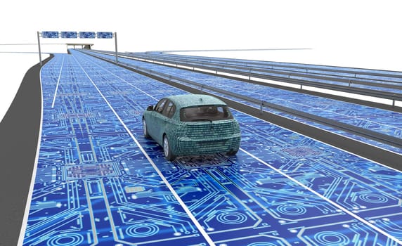 self driving electronic computer car on road, 3d illustration
