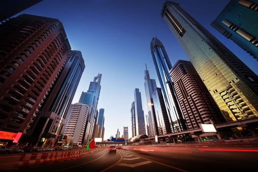 Sheikh Zayed Road in sunset time, Dubai, UAE