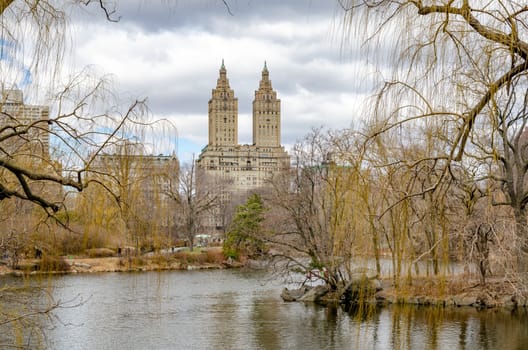 El Dorado Building with Jacqueline Kennedy Onassis Reservoir Lake and Trees and Branches in the forefront during winter, overcast, Central Park New York City, horizontal