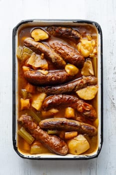 close up of rustic english sausage casserole comfort food