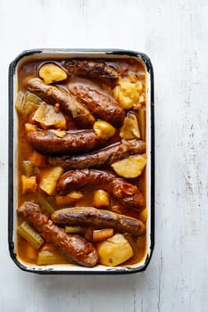 close up of rustic english sausage casserole comfort food