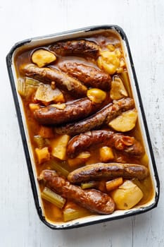close up of rustic english sausage casserole comfort food