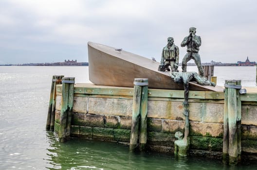 American Merchant Mariners' Memorial at Hudson River close-up, New York City, during winter day with overcast, horizontal