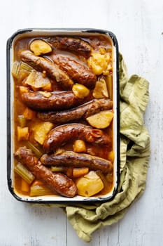 close up of rustic english sausage casserole comfort food
