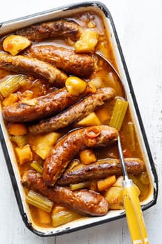 close up of rustic english sausage casserole comfort food