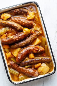 close up of rustic english sausage casserole comfort food