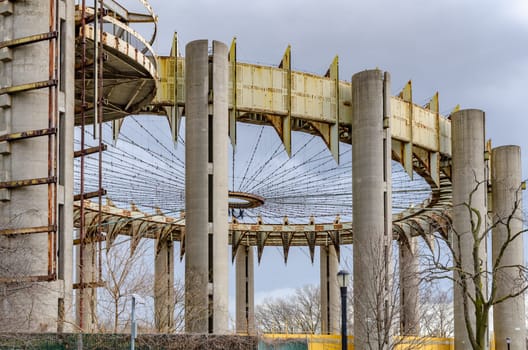 Queens Theatre close-up, Flushing-Meadows-Park, Queens, New York City during overcast winter day, horizontal