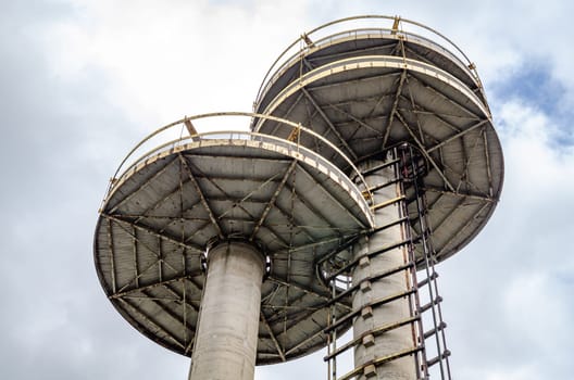 New York State Pavilion Observation Towers close-up, view from low angle, Flushing-Meadows-Park, New York City during overcast winter day, horizontal